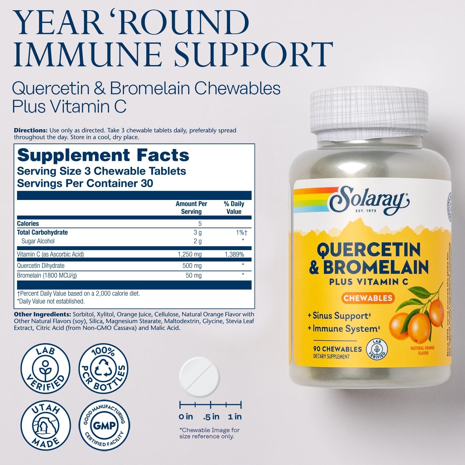 SOLARAY Quercetin con Bromelina y Vitamina C Comprimidos Masticables - 90 Comprimidos