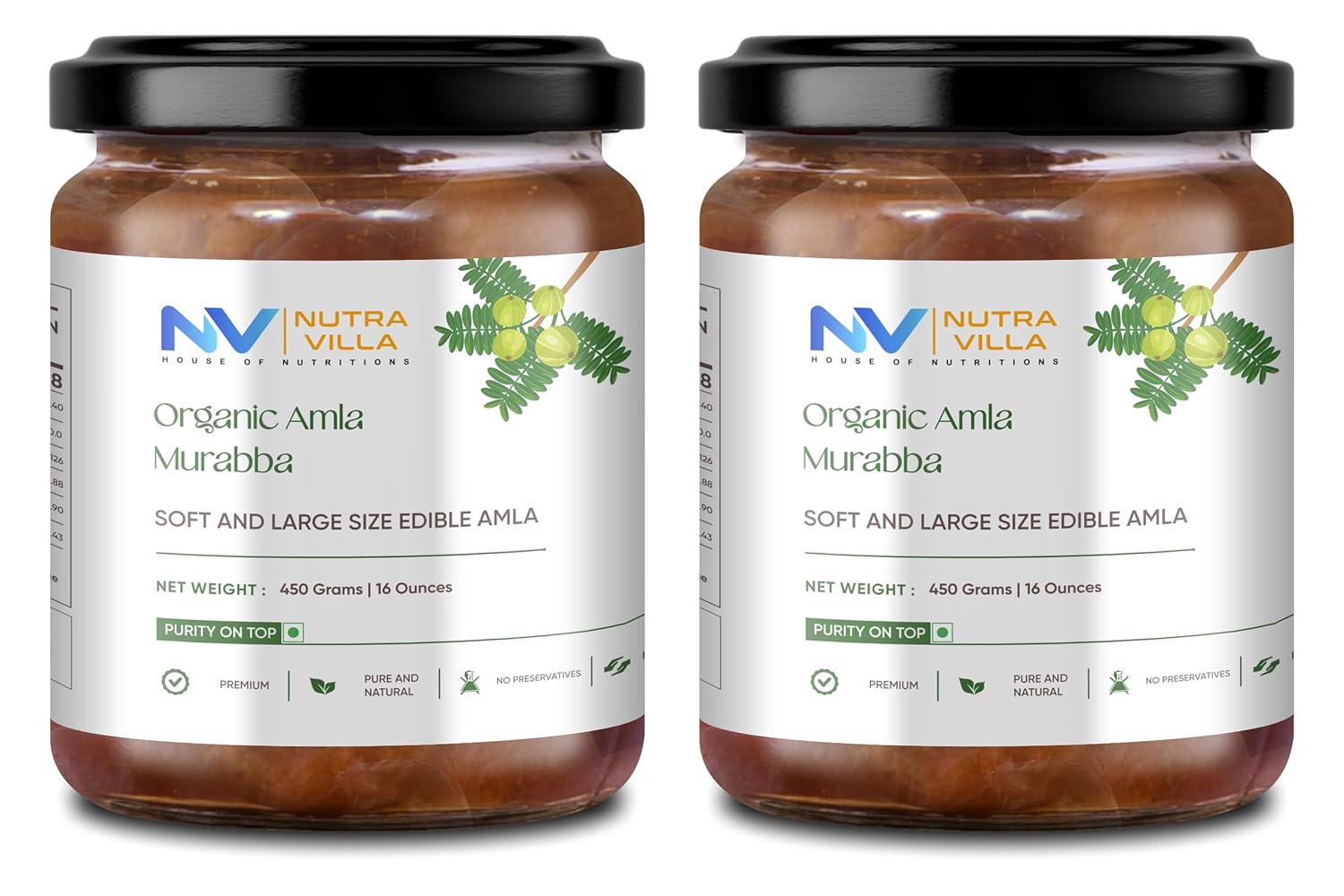 Nutravilla Dry Amla Murabba Orgánico - 2 Tarros de 450 g - Rico en Vitamina C y Antioxidantes