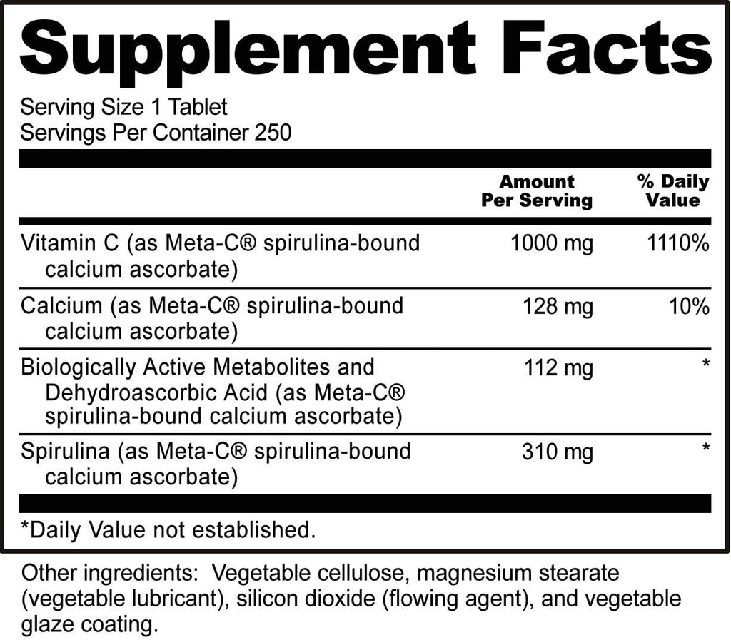 NutriBiotic Meta-C Tabletas de Vitamina C 1000 mg con Espirulina y Bioflavonoides, 250 comprimidos