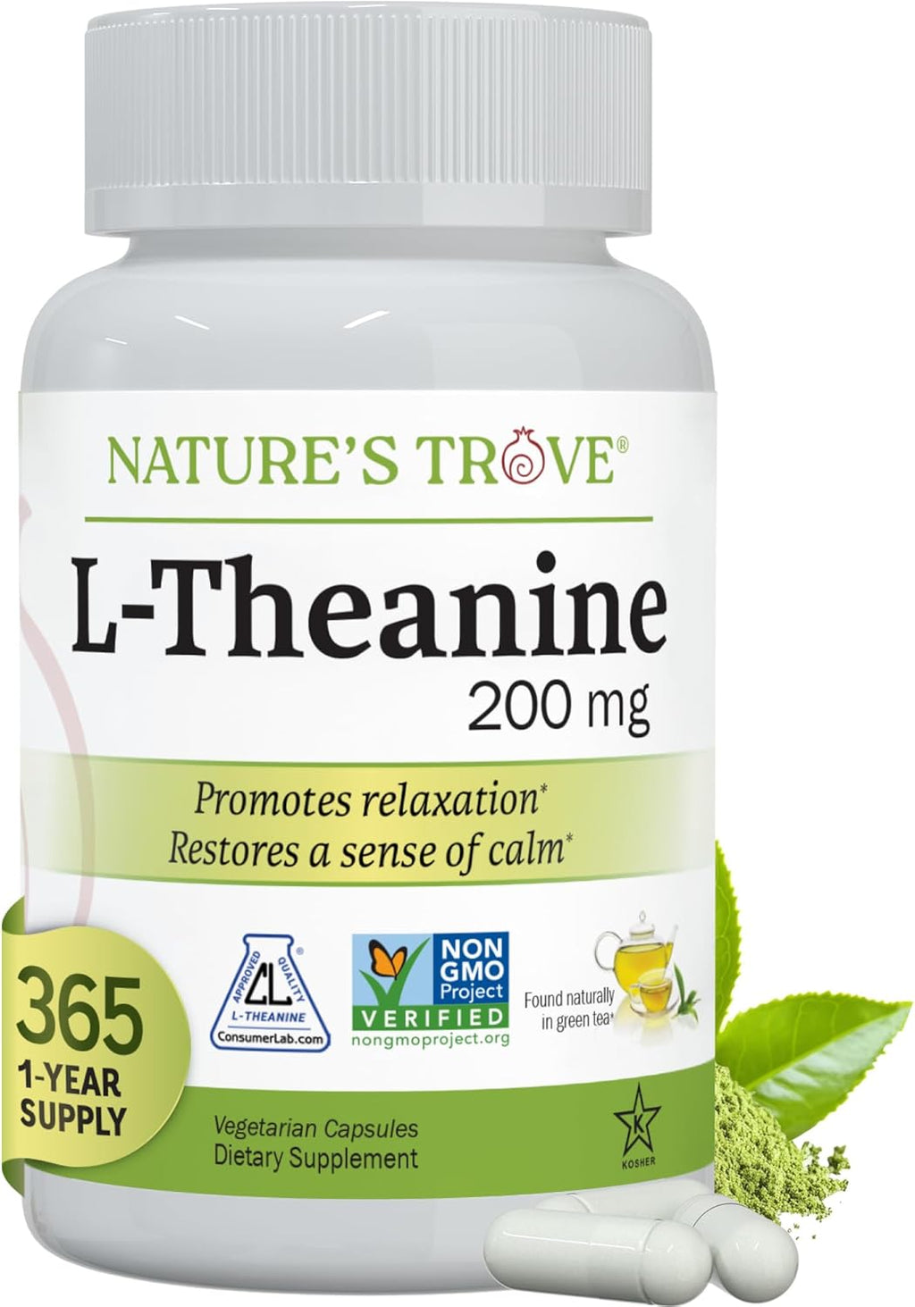 Nature's Trove L-Teanina 200mg – 365 Cápsulas Vegetarianas (Súper Tamaño)