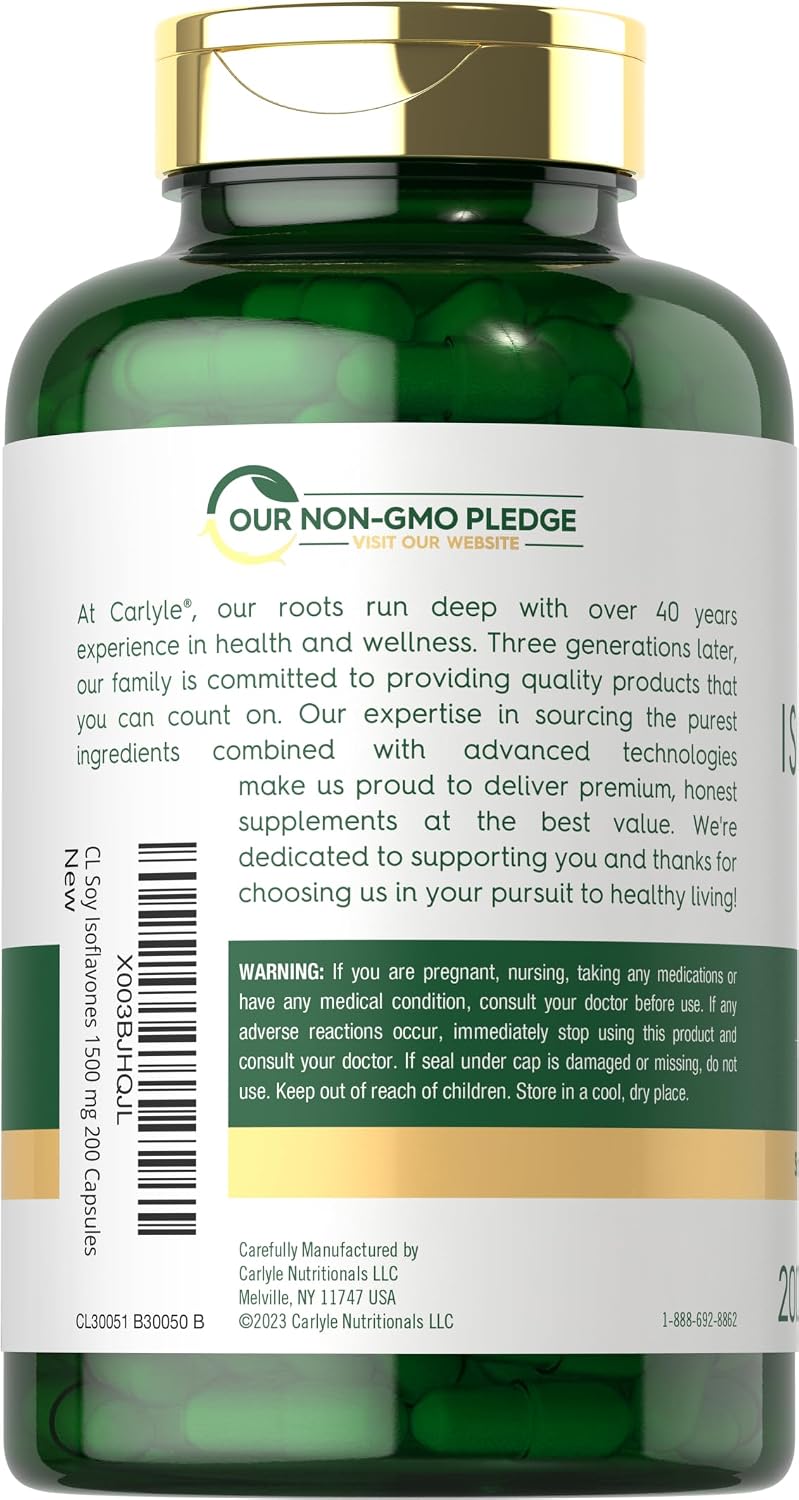 Isoflavonas de Soja Carlyle para Mujeres y Hombres | 200 Cápsulas | Suplemento Extracto No-GMO Sin Gluten
