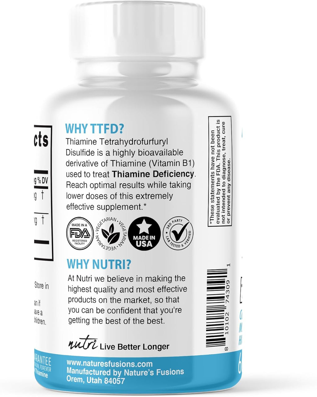 Nature's Fusions TTFD Tiamina B1 100mg con Magnesio - 60 Cápsulas