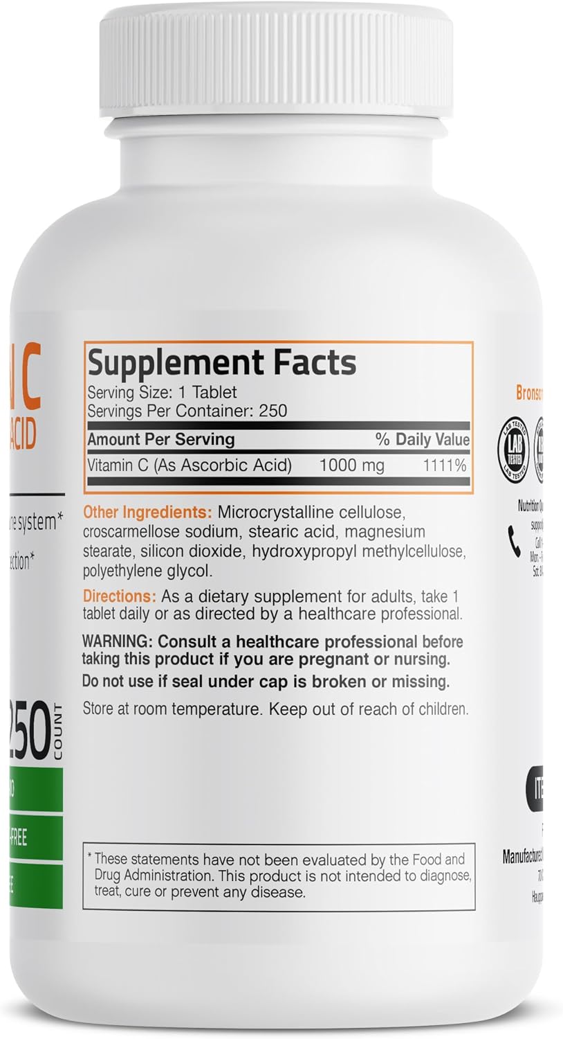 Bronson Vitamina C 1000 mg – Ácido Ascórbico Premium No GMO (250 Comprimidos)