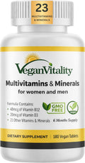 Multivitamínico Vegano para Mujeres y Hombres con Vitamina B12, D3 y K2 - 180 Comprimidos - 6 Meses de Suministro
