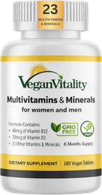Multivitamínico Vegano para Mujeres y Hombres con Vitamina B12, D3 y K2 - 180 Comprimidos - 6 Meses de Suministro