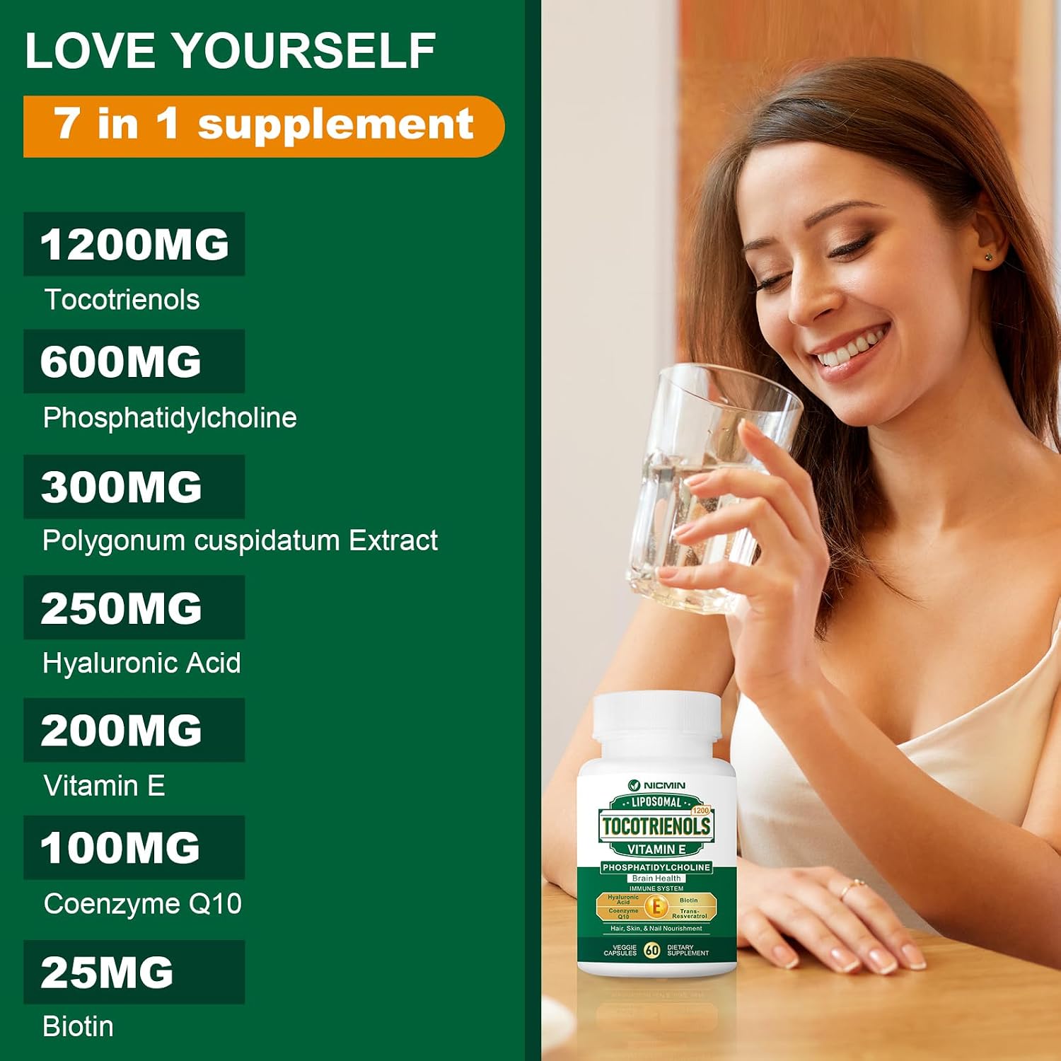 NICMIN Vitamina E Tocotrienoles Liposomales, 1200mg, 60 Cápsulas