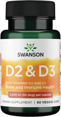 Swanson D2 y D3, 2000 UI – Suplemento para Huesos y Dientes, Apoyo Inmunitario, 60 Cápsulas Vegetales