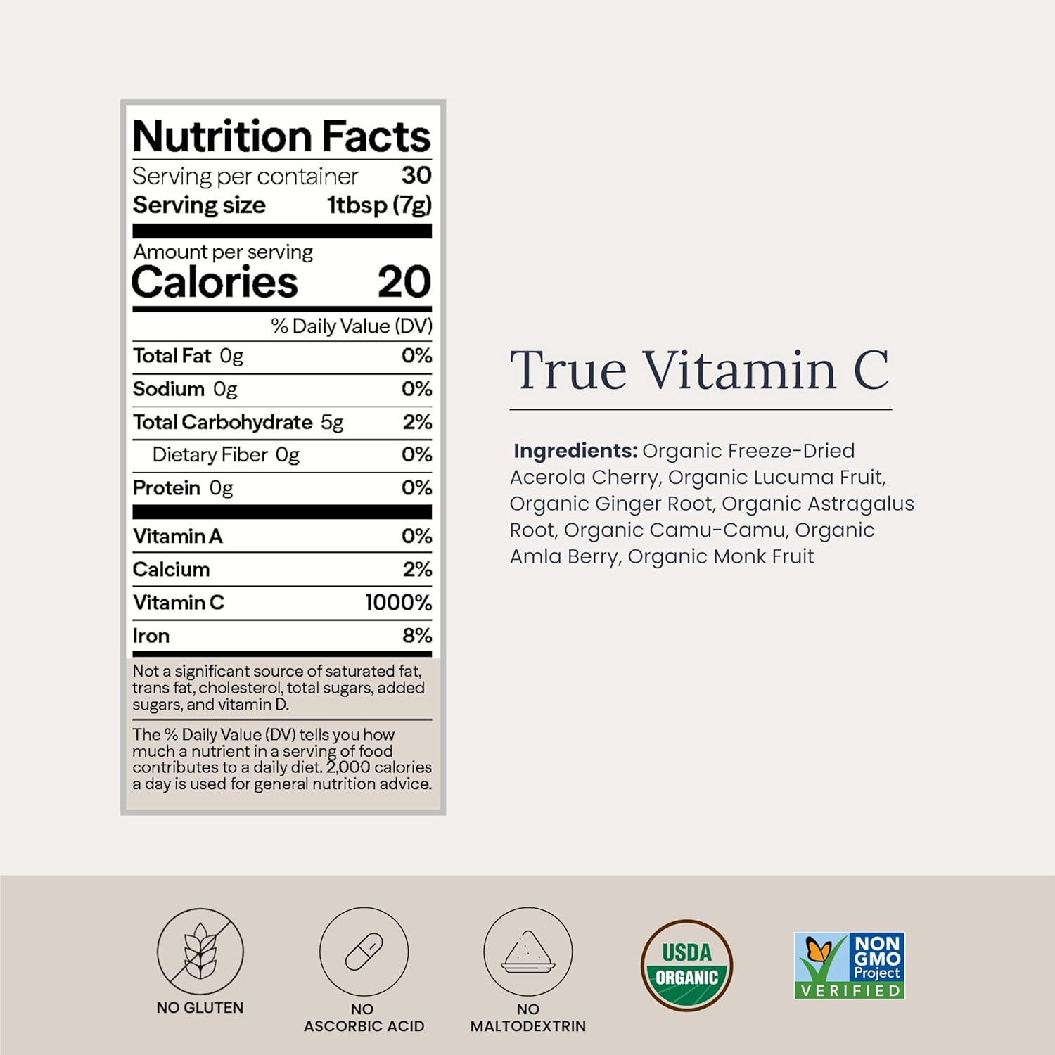 Infinity-C Mezcla Orgánica de Vitamina C en Polvo | Acerola, Camu Camu y Amla | 1000mg | Vegano, Sin OGM (30 porciones)