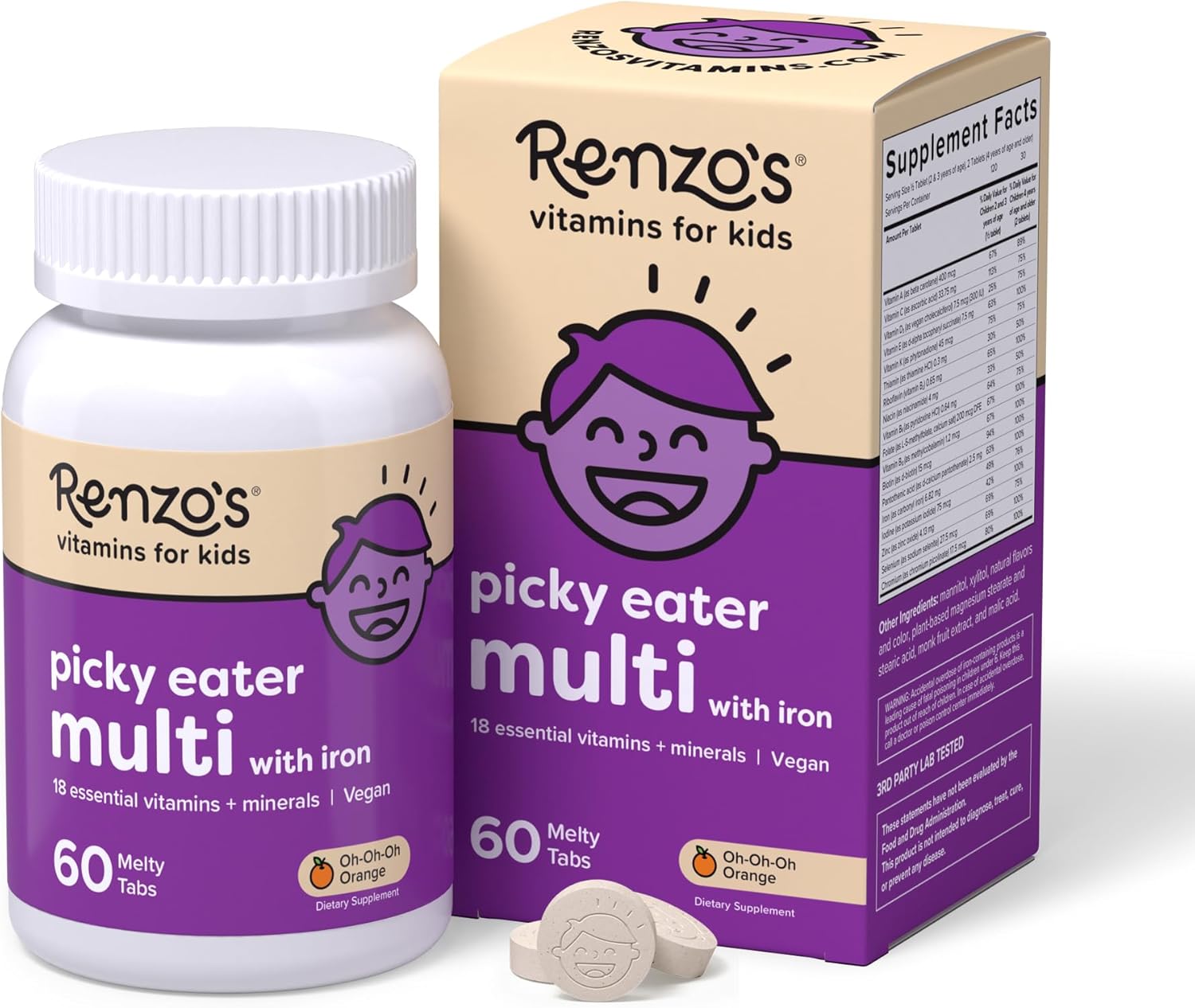 Renzo's Multivitamínico Infantil con Hierro - Comprimidos Disolubles Sabor Cereza - 60 unidades