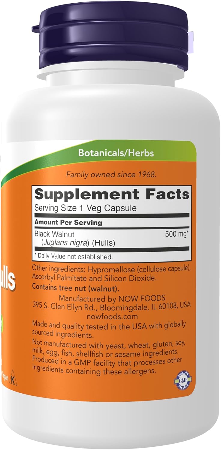 NOW Foods Suplemento de Cáscara de Nuez Negra (Juglans nigra) 500 mg, 100 Cápsulas Vegetales