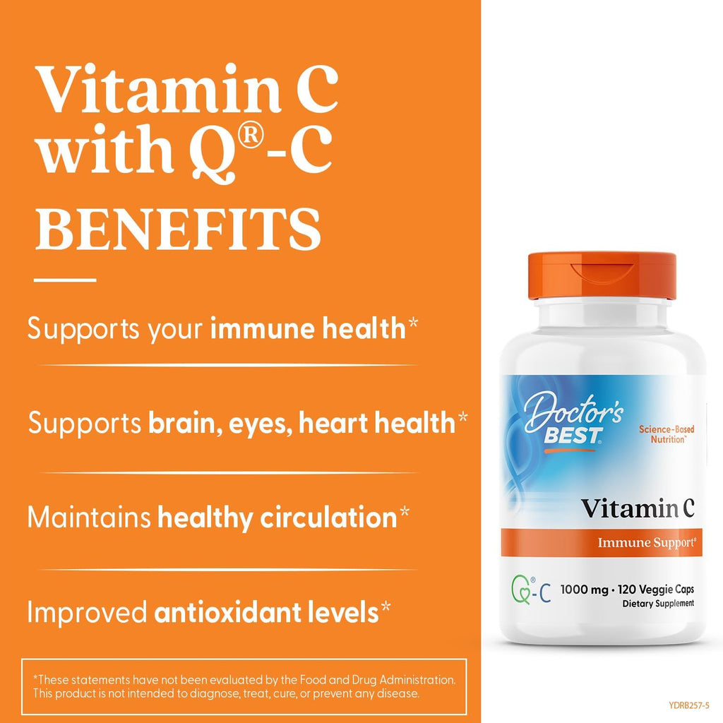 Doctor's Best Vitamina C 1000 mg - Ácido Ascórbico Q-C - 120 Cápsulas Veganas - No Transgénico, Sin Gluten, Sin Soja