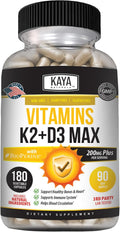 Kaya Naturals Vitaminas K2 con D3 5000IU Suplemento para Hombres y Mujeres - Cápsulas Fáciles de Tragar con Bioperina (180 Cápsulas)
