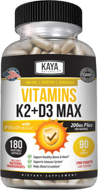 Kaya Naturals Vitaminas K2 con D3 5000IU Suplemento para Hombres y Mujeres - Cápsulas Fáciles de Tragar con Bioperina (180 Cápsulas)