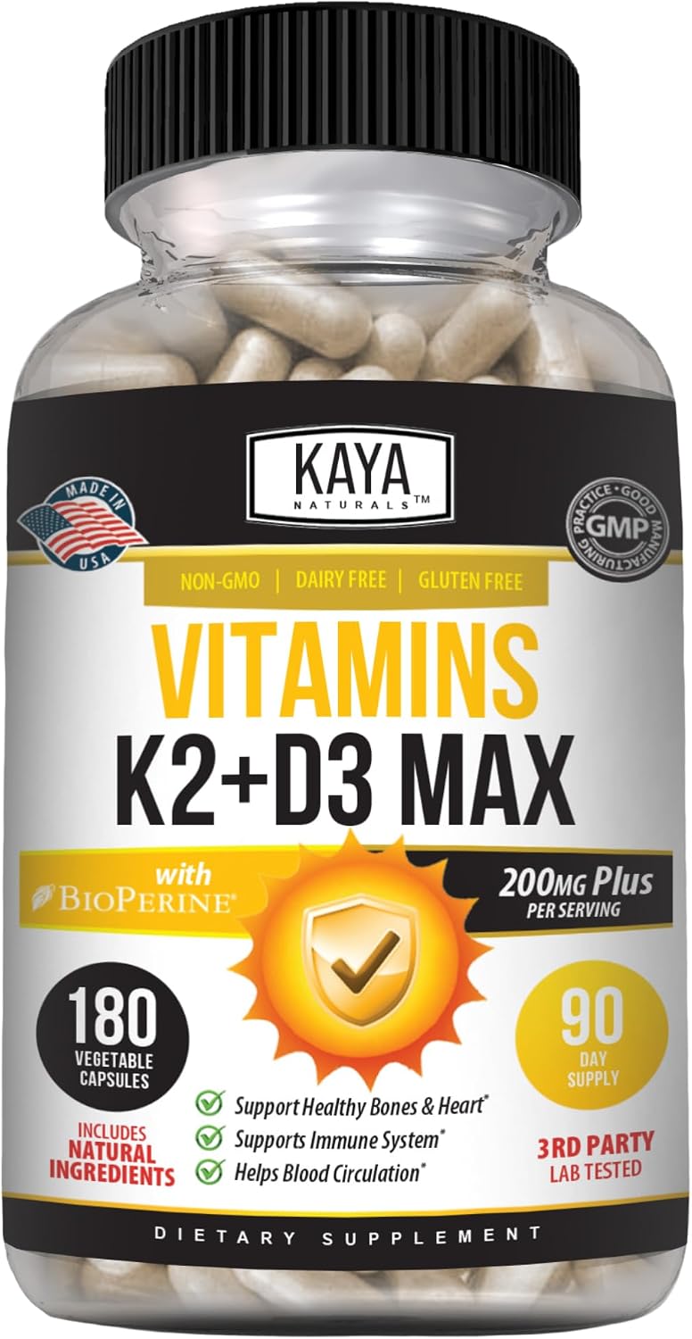 Kaya Naturals Vitaminas K2 con D3 5000IU Suplemento para Hombres y Mujeres - Cápsulas Fáciles de Tragar con Bioperina (180 Cápsulas)