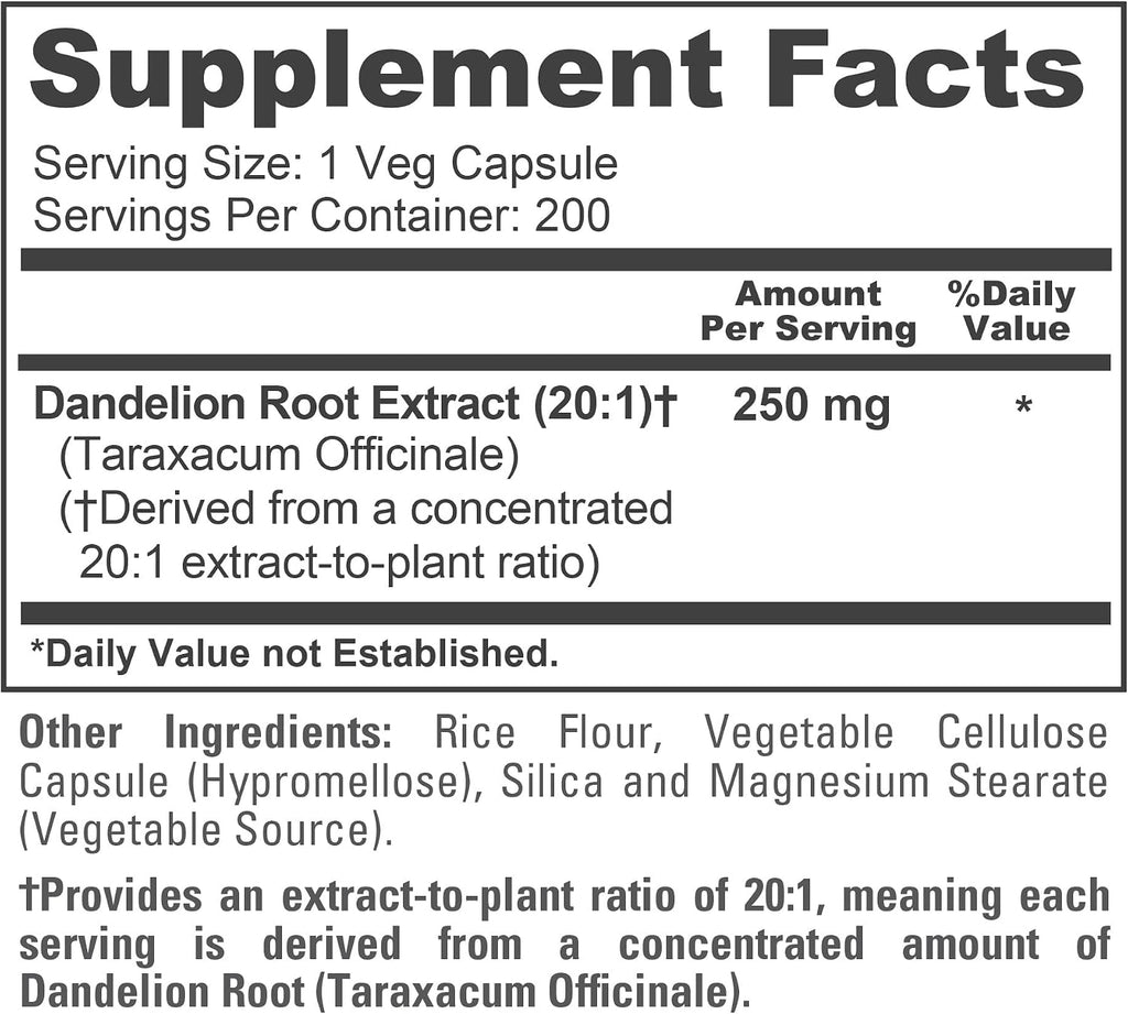 NusaPure Raíz de Diente de León, 250 mg, 200 Cápsulas Veganas (No-GMO, Vegano)