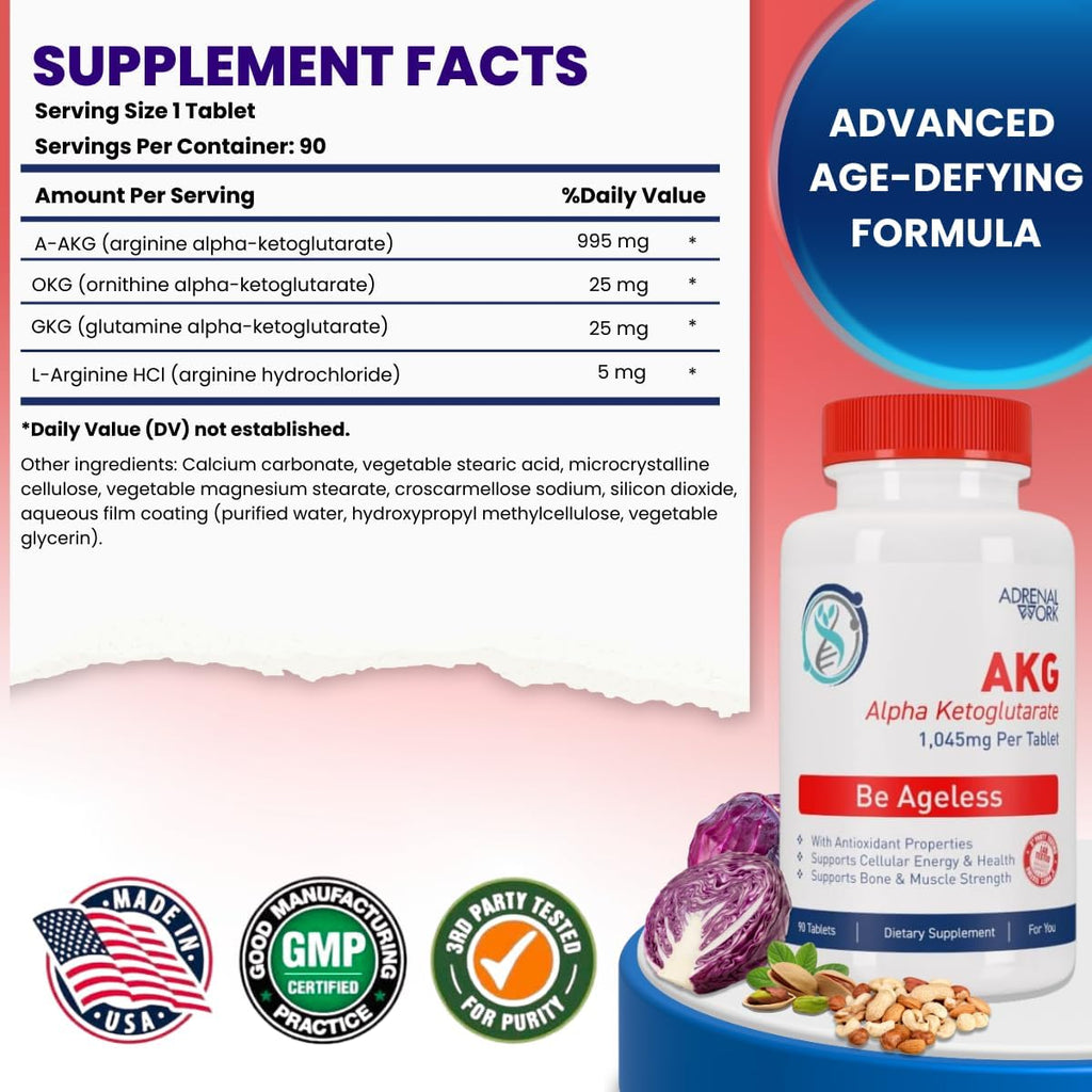 Adrenalwork L-Arginina 1000 mg + AKG Alfa-Cetoglutarato - Suplemento Pre-Entreno para Energía, Flujo Sanguíneo y Recuperación Muscular - con L-Tirosina, Vitaminas y Minerales - 180 Cápsulas, 90 Días