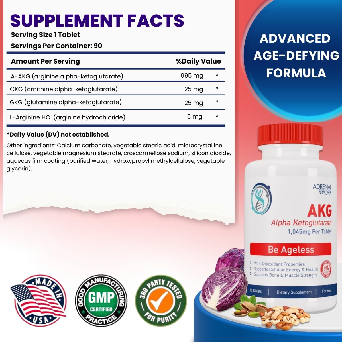 Adrenalwork L-Arginina 1000 mg + AKG Alfa-Cetoglutarato - Suplemento Pre-Entreno para Energía, Flujo Sanguíneo y Recuperación Muscular - con L-Tirosina, Vitaminas y Minerales - 180 Cápsulas, 90 Días