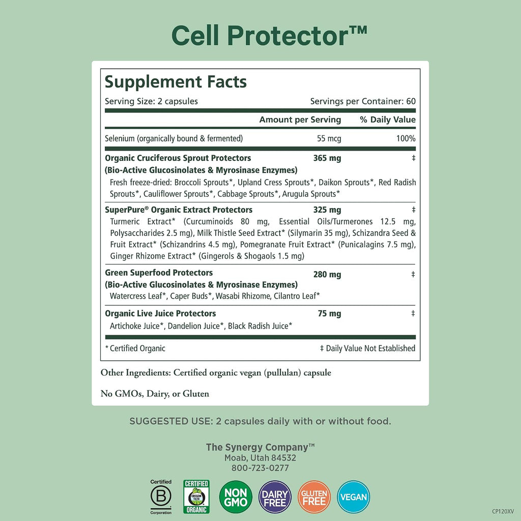 PURE SYNERGY Cell Protector | Suplemento para la Salud Celular | Apoyo Inmunitario y Desintoxicación con Selenio y Verduras Crucíferas Orgánicas (120 Cápsulas)