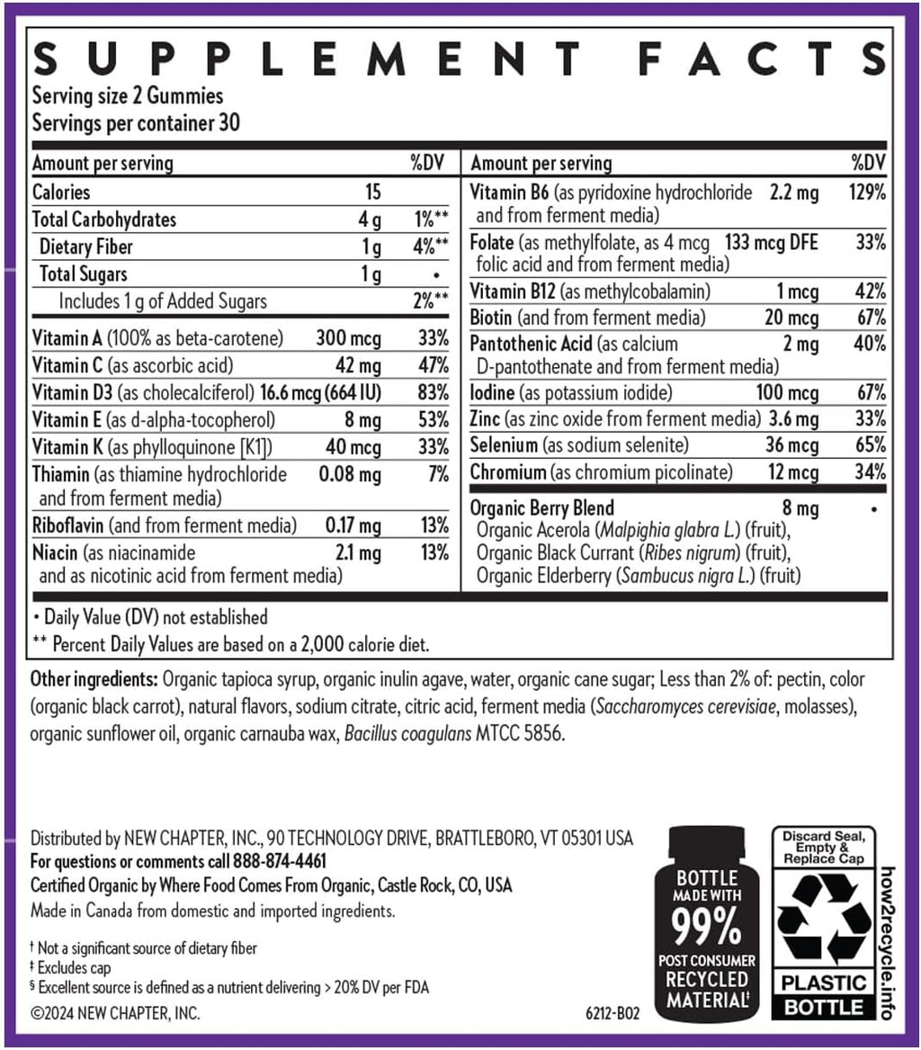 New Chapter Kids Multivitamin Gummies - 65% Menos Azúcar, Gomitas Multivitamínicas para Niños con Vitaminas C, D3 y Zinc, No GMO, Sin Gluten, Sabor Baya-Cítrica, 60 unidades