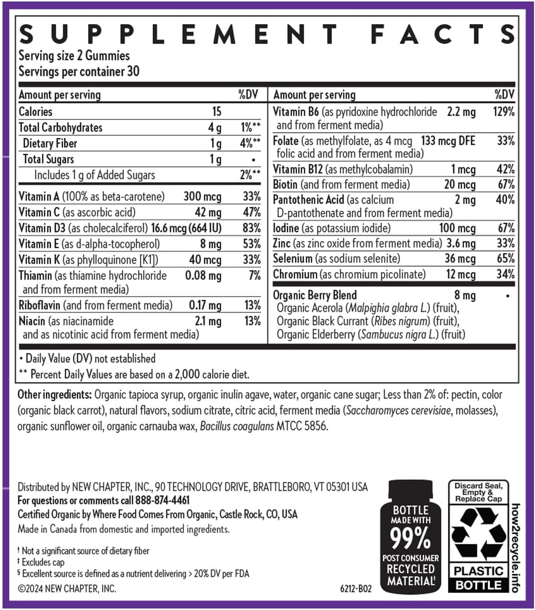 New Chapter Kids Multivitamin Gummies - 65% Menos Azúcar, Gomitas Multivitamínicas para Niños con Vitaminas C, D3 y Zinc, No GMO, Sin Gluten, Sabor Baya-Cítrica, 60 unidades