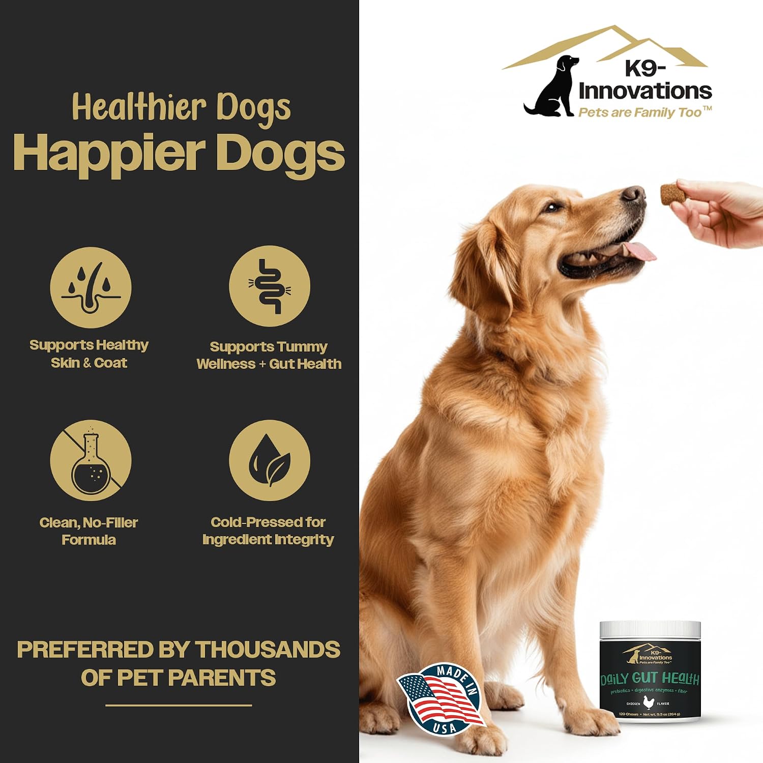 K9-Innovations Probióticos para Perros - Salud Digestiva e Inmunitaria, 2 Billones de UFC, Enzimas + Probióticos, Sabor Pollo, 120 Masticables