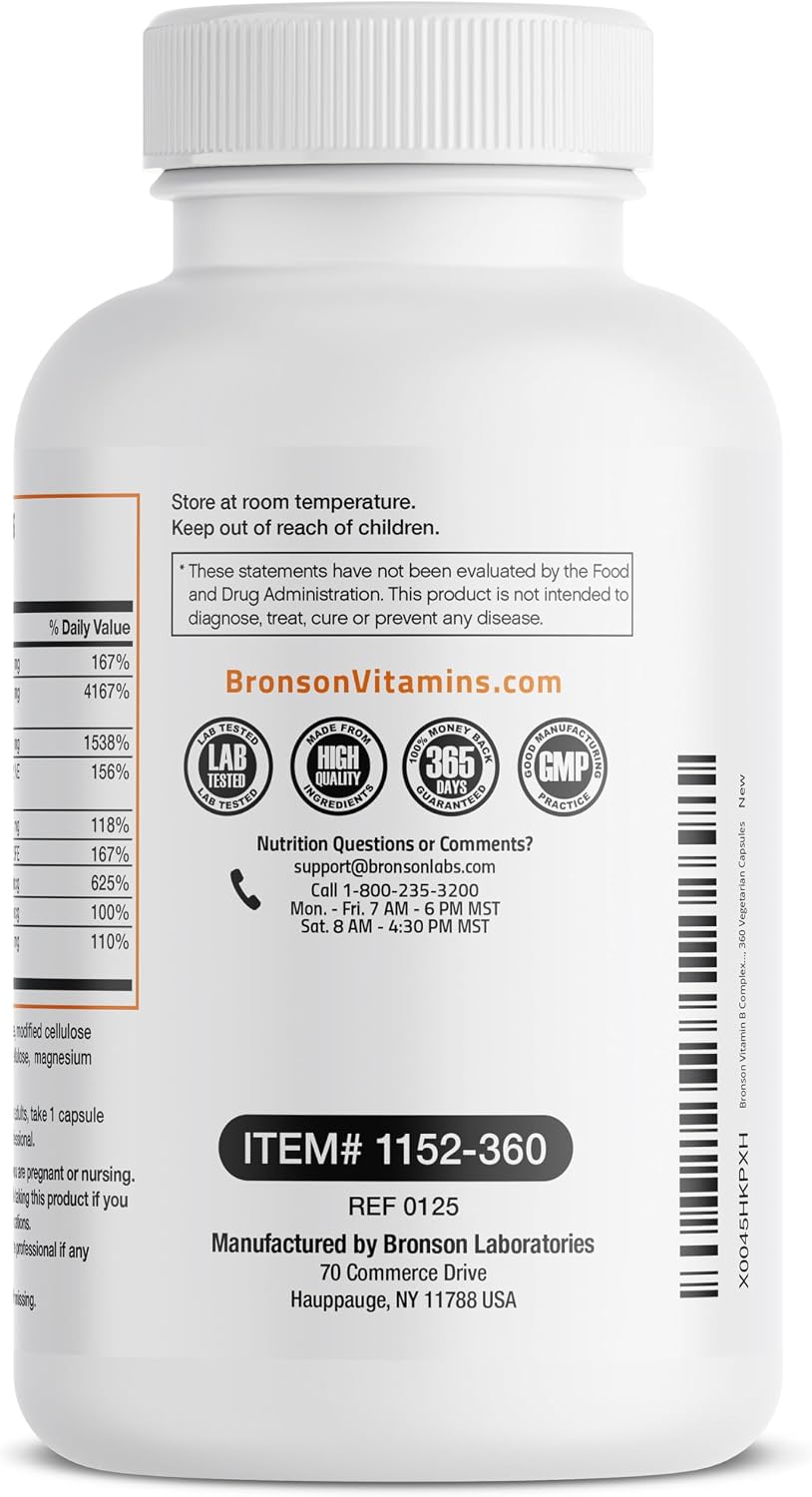 Bronson Complejo B con Vitamina C - 360 Cápsulas Vegetarianas | Apoyo Energético e Inmunitario
