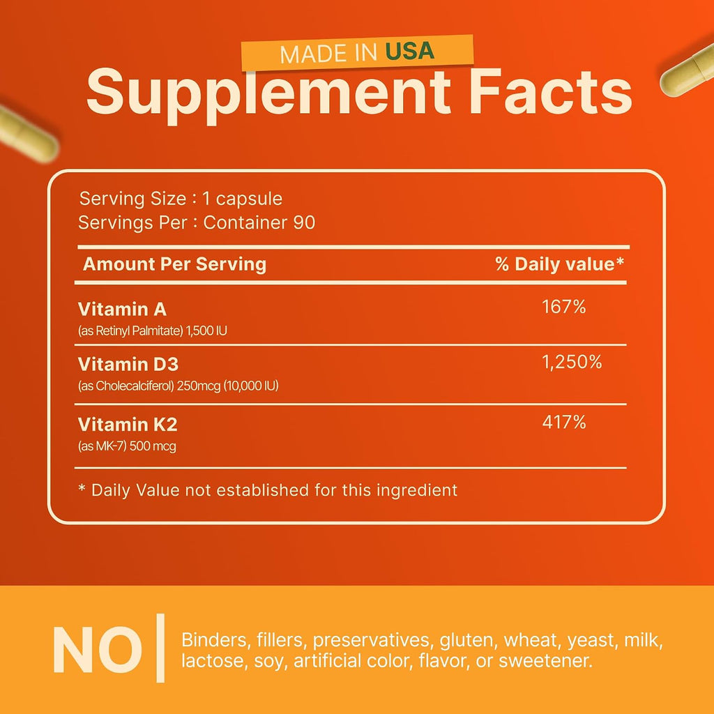 INVITA ADK 10 – Suplemento de Vitaminas A, D3 10,000 UI y K2-MK7 – 90 Cápsulas