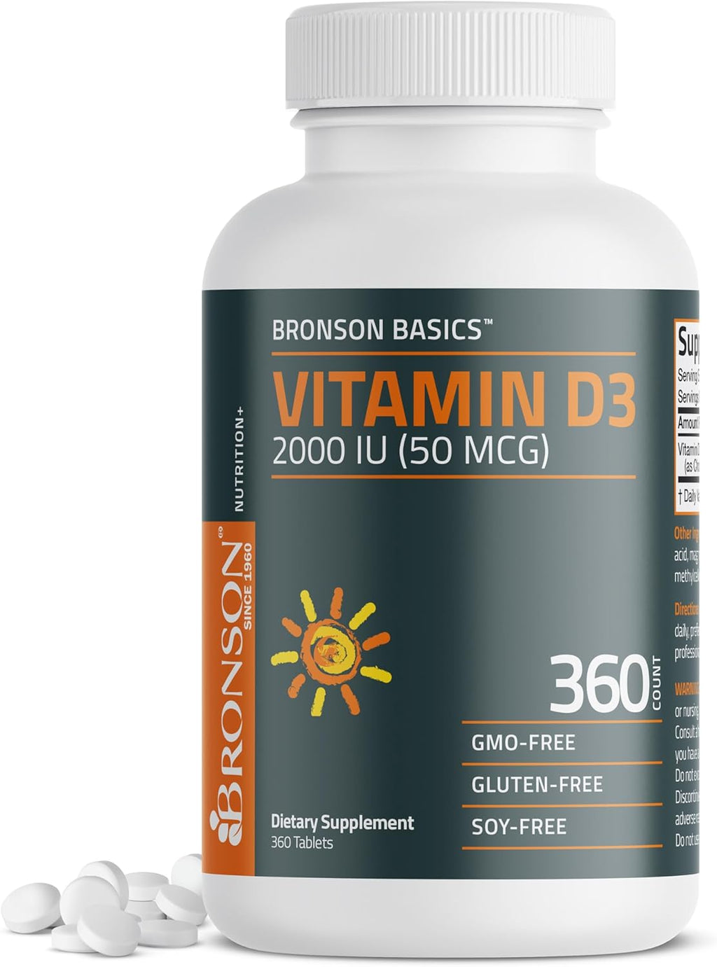 Vitamina D3 2000 IU (50mcg) de Bronson, 360 Comprimidos - No-GMO, Sin Gluten