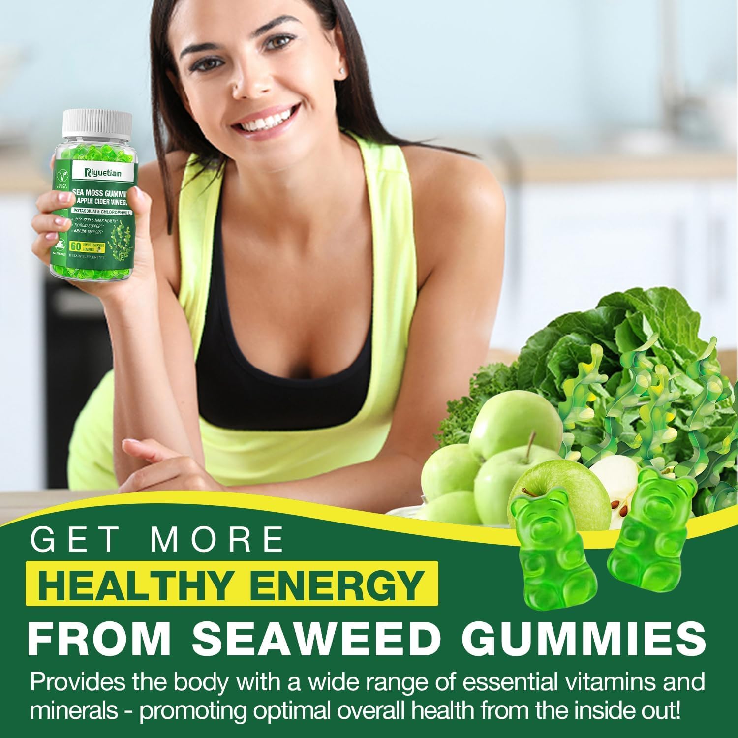 Riyuetian Gominolas de Musgo Marino - 60 unidades - Sabor Natural a Manzana - Suplemento de Sea Moss con Bladderwrack y Raíz de Bardana - Vegano y No GMO