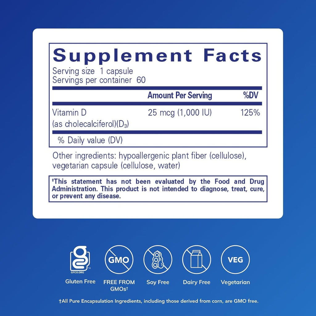 Pure Encapsulations Vitamin D3 25 mcg (1000 IU) – 60 Capsules