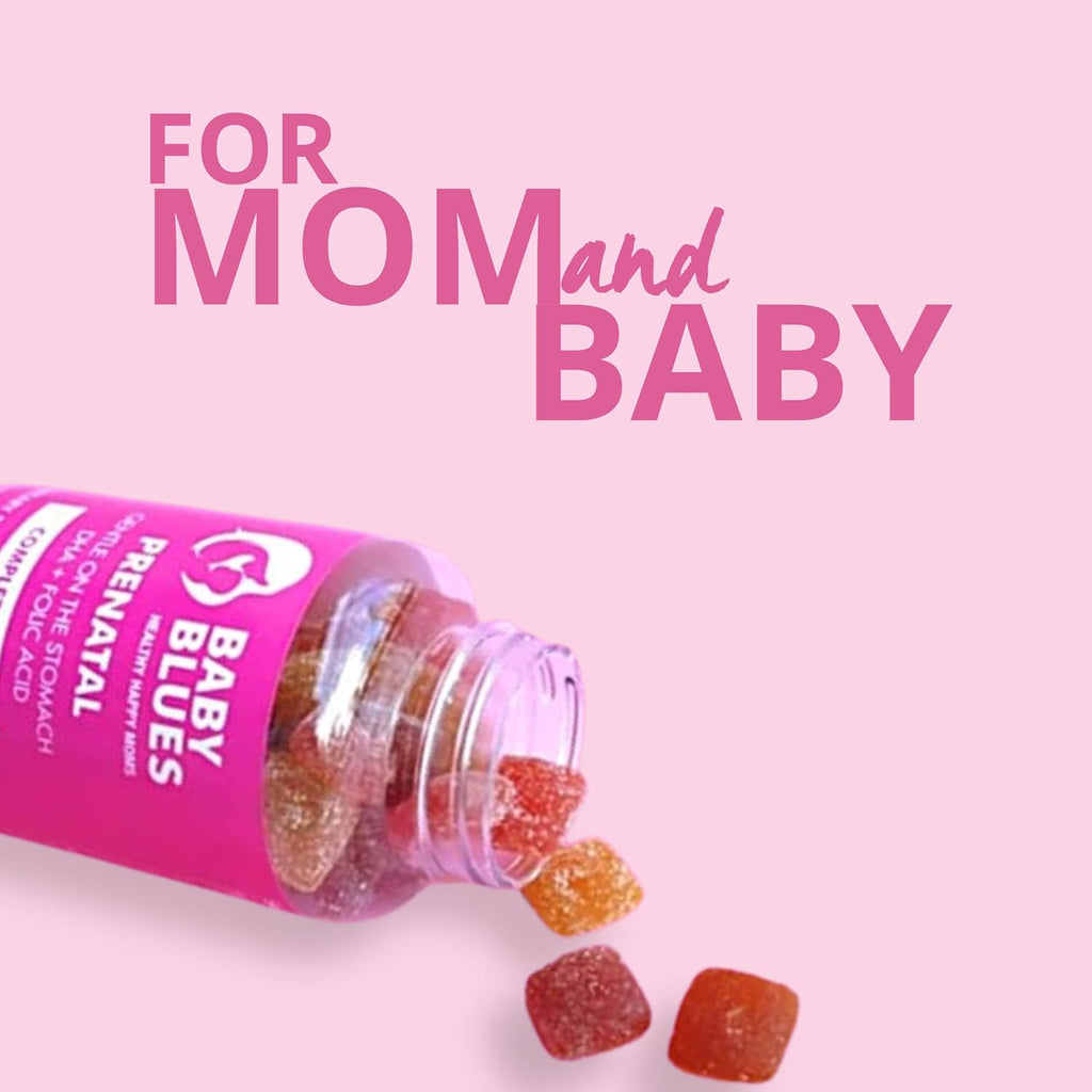 Baby Blues Gominolas Prenatales – Multivitamínico con DHA y Ácido Fólico, Sin Hierro, Sabor Limonada de Frambuesa (60 Gominolas)