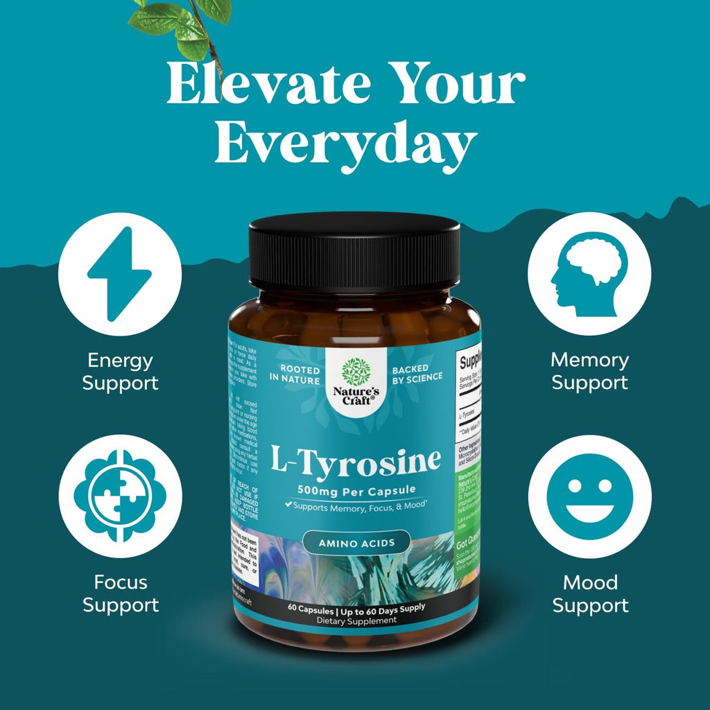 Free Form L-Tirosina 500mg Cápsulas - Suplemento de L-Tirosina de Alta Potencia para el Apoyo de la Energía Mental y el Enfoque - Aminoácido Nootrópico para el Estado de Ánimo, Atención y Cognición - 60 Cápsulas