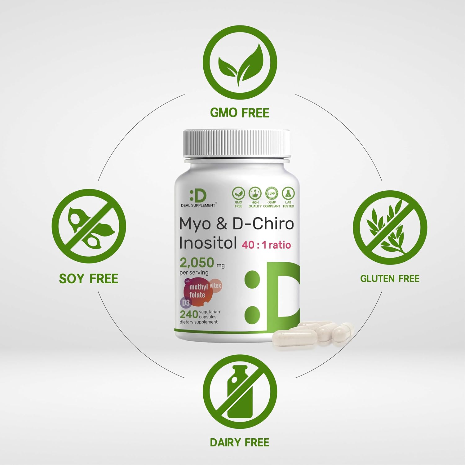 Myo-Inositol & D-Chiro Inositol 40:1 | 2,050mg por ración | 240 Cápsulas Veganas con Folato, Vitamina D3 y Vitex