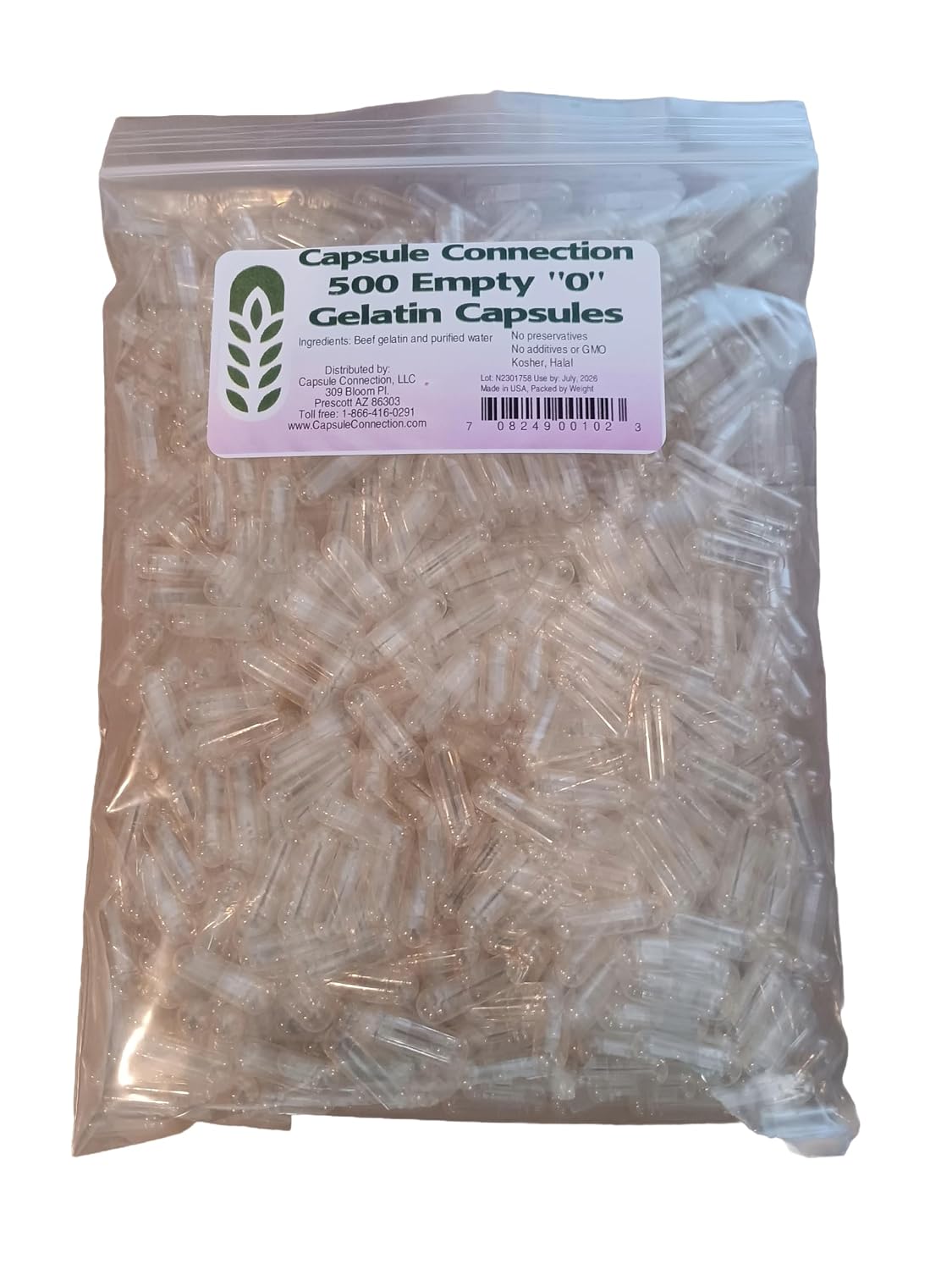 Capsule Connection 1000 Empty Gelatin Capsules Size 0, Made in USA, Resealable Bag