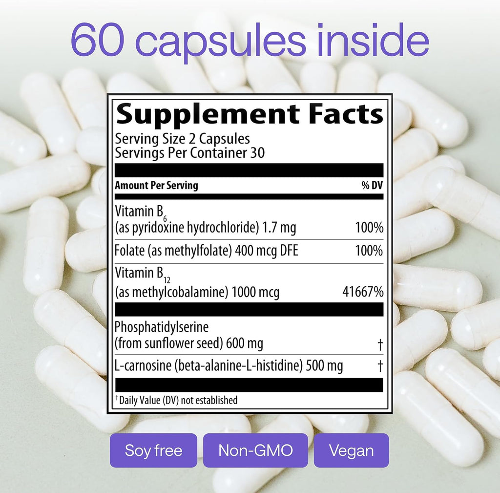 WONDER FAMILY Fosfatidilserina 600 mg con L-Carnosina 500 mg + B6, B12 y Ácido Fólico - Complejo de PS de Lecitina de Girasol sin Soja - 60 Cápsulas
