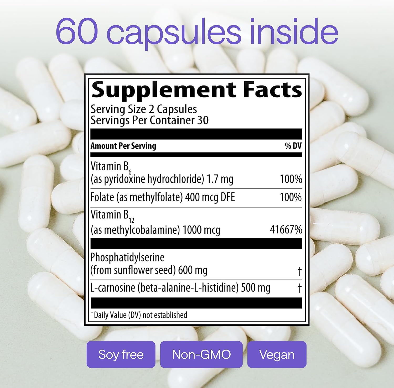 WONDER FAMILY Fosfatidilserina 600 mg con L-Carnosina 500 mg + B6, B12 y Ácido Fólico - Complejo de PS de Lecitina de Girasol sin Soja - 60 Cápsulas
