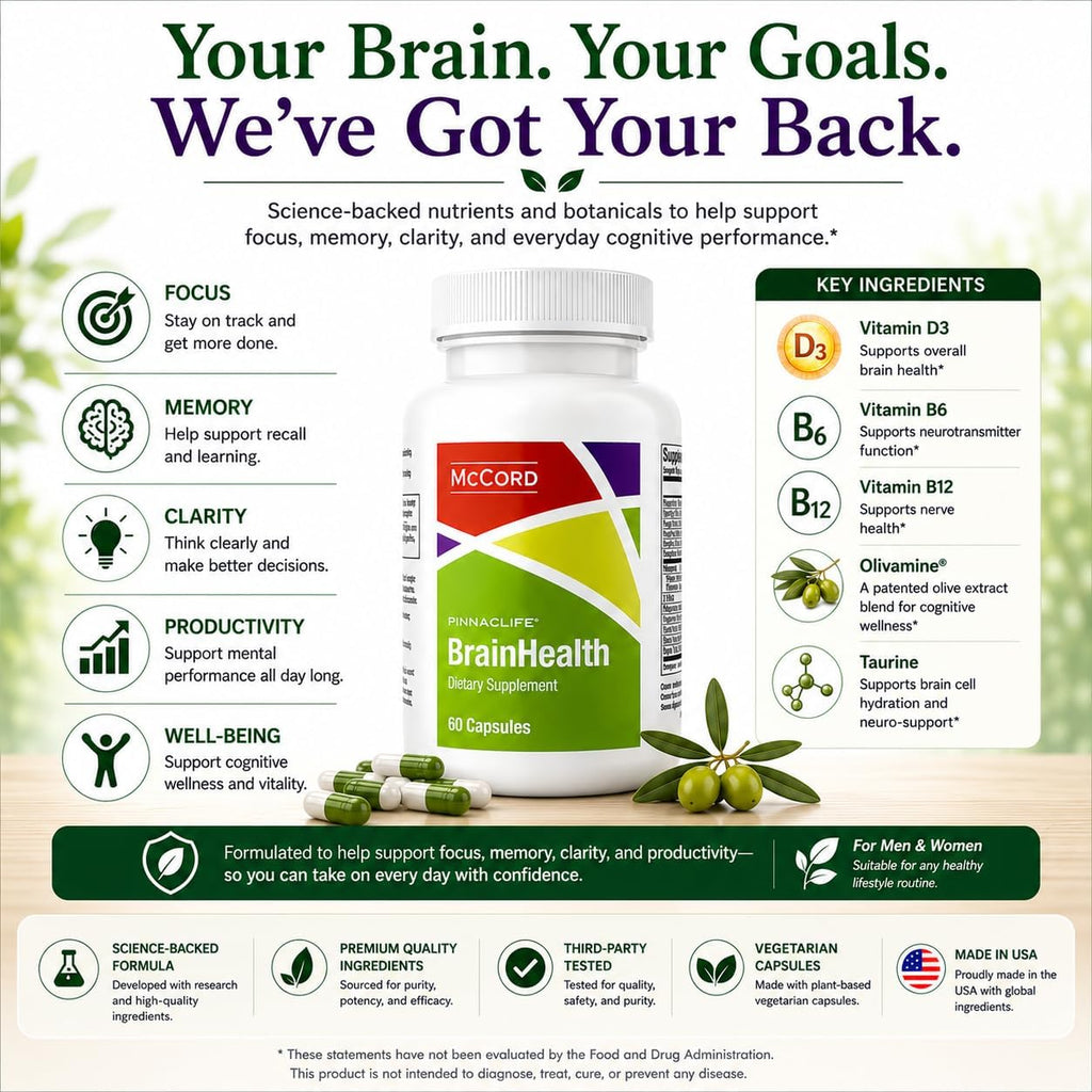 McCord BrainHealth Complemento Cerebral con Olivamine, Vitaminas D3, B6, B12, Rhodiola Rosea, Magnesio y Taurina