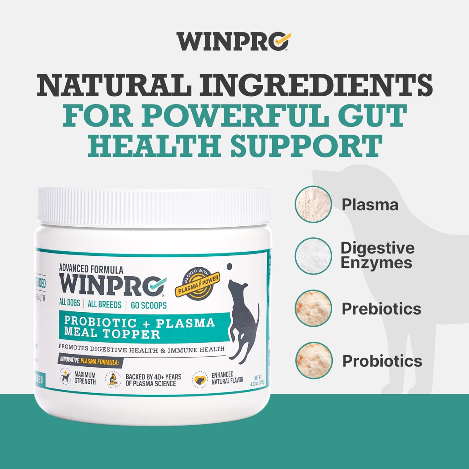 WINPRO Probiótico en Polvo para Perros - Complemento con Plasma, Prebióticos y Probióticos, 60 Dosis