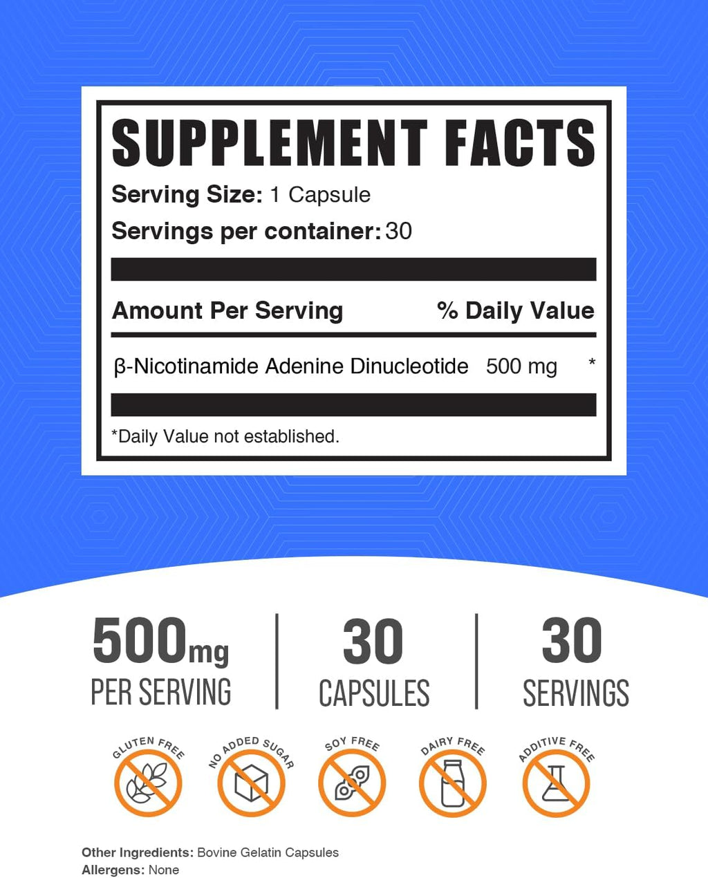 NAD Cápsulas - Nicotinamida Adenina Dinucleótido, 500 mg, para Apoyo Energético, 30 Cápsulas