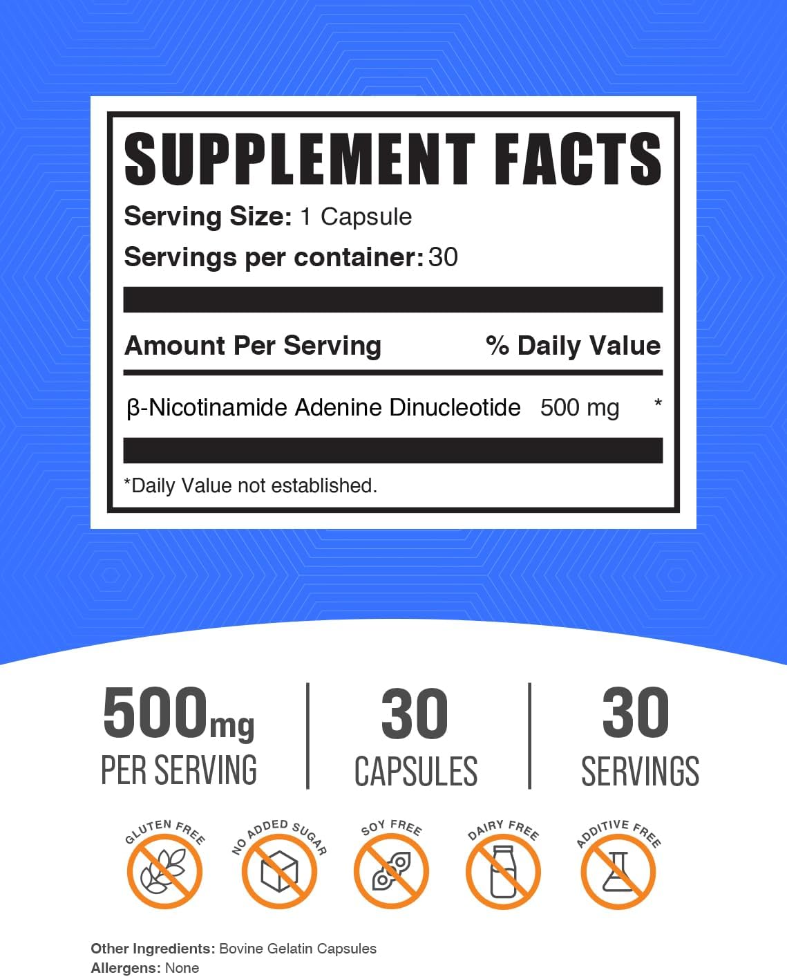 NAD Cápsulas - Nicotinamida Adenina Dinucleótido, 500 mg, para Apoyo Energético, 30 Cápsulas