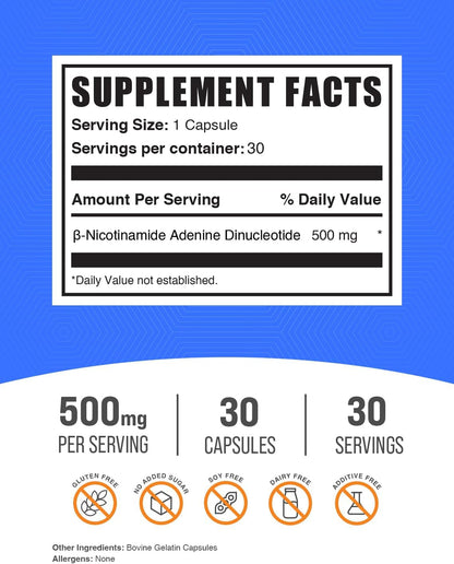 NAD Cápsulas - Nicotinamida Adenina Dinucleótido, 500 mg, para Apoyo Energético, 30 Cápsulas – Image 2