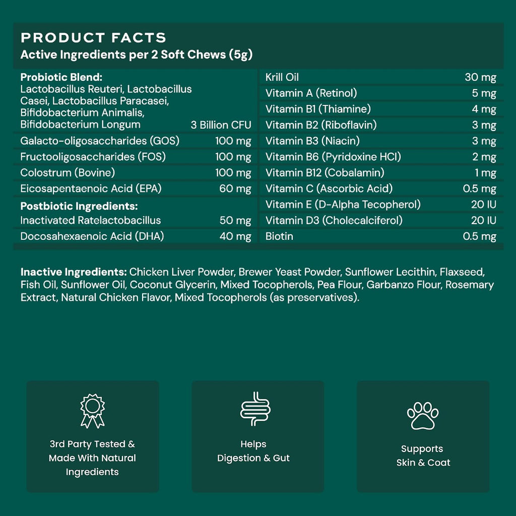 Paw Balance Probióticos y Multivitamínicos para Perros - 60 Masticables con Omega 3 y Calostro