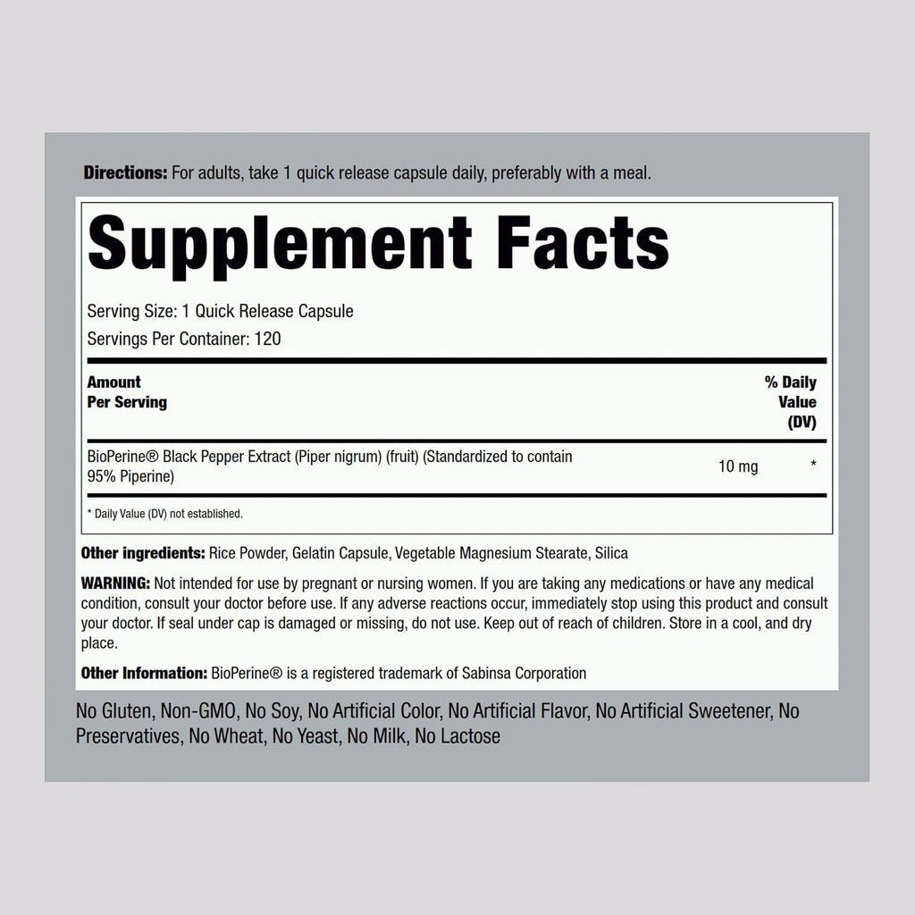 Piping Rock Bioperine Supplement 10mg | 120 Cápsulas | Extracto de Pimienta Negra | 95% Piperina | Sin Gluten, No Transgénico