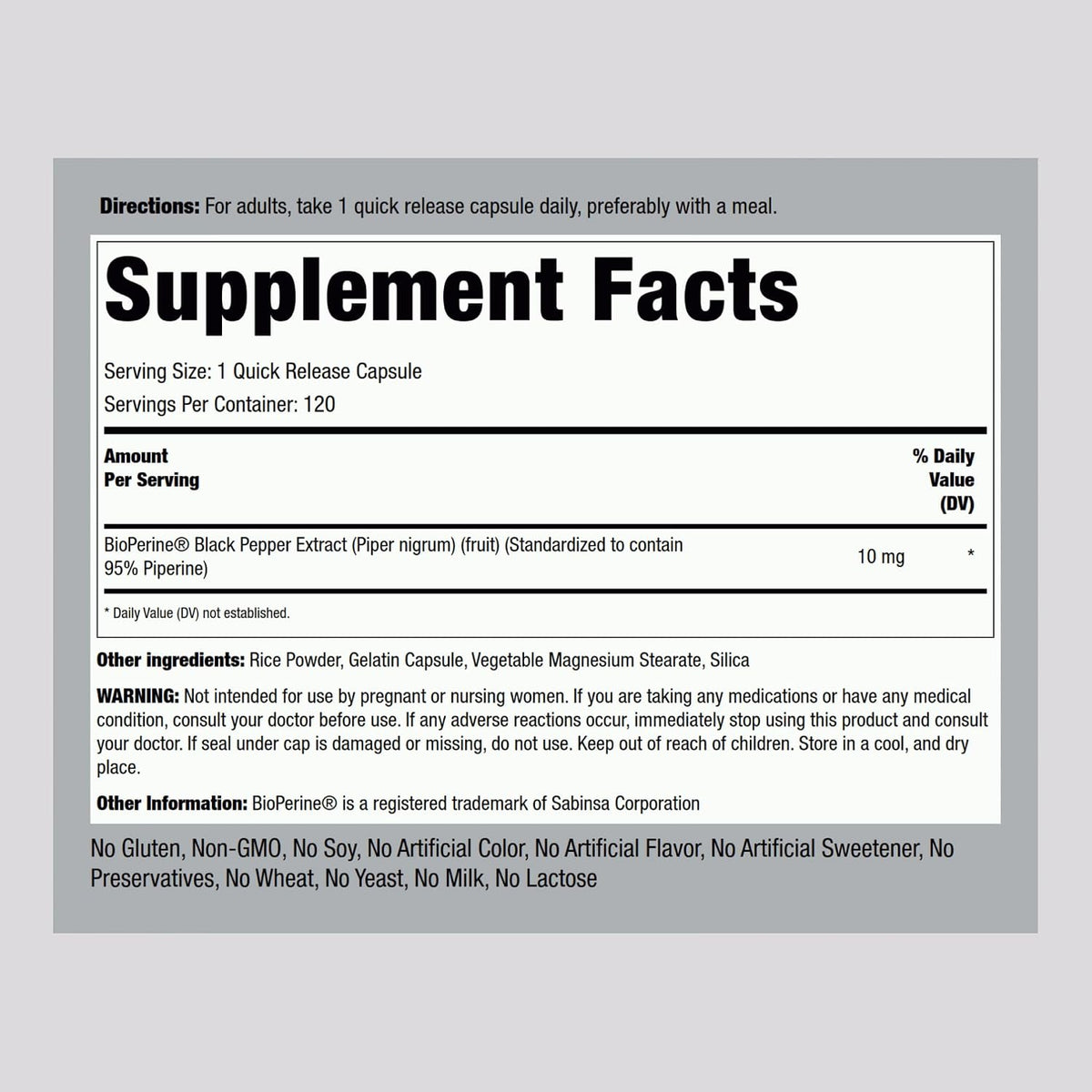 Piping Rock Bioperine Supplement 10mg | 120 Cápsulas | Extracto de Pimienta Negra | 95% Piperina | Sin Gluten, No Transgénico – Image 2