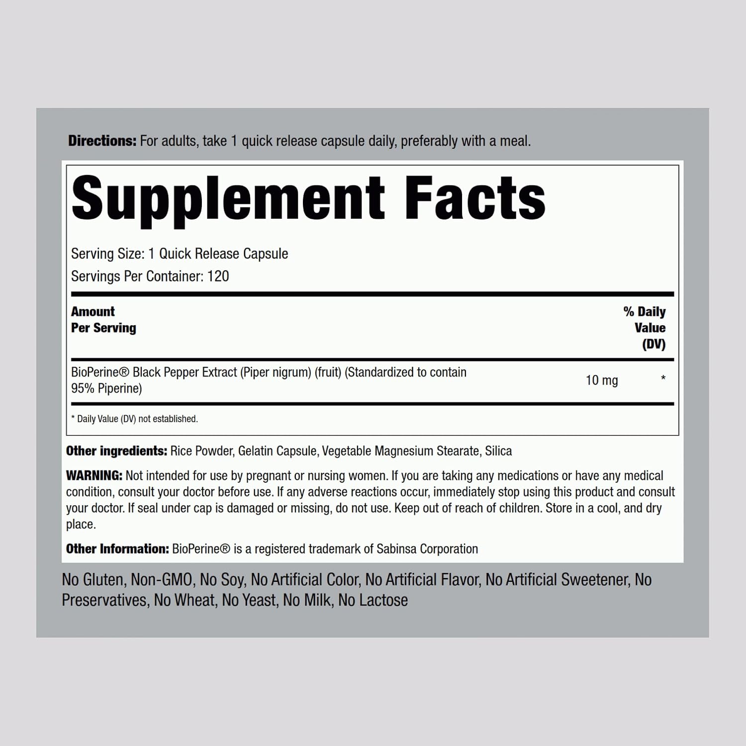 Piping Rock Bioperine Supplement 10mg | 120 Cápsulas | Extracto de Pimienta Negra | 95% Piperina | Sin Gluten, No Transgénico