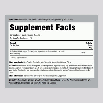 Piping Rock Bioperine Supplement 10mg | 120 Cápsulas | Extracto de Pimienta Negra | 95% Piperina | Sin Gluten, No Transgénico – Image 2