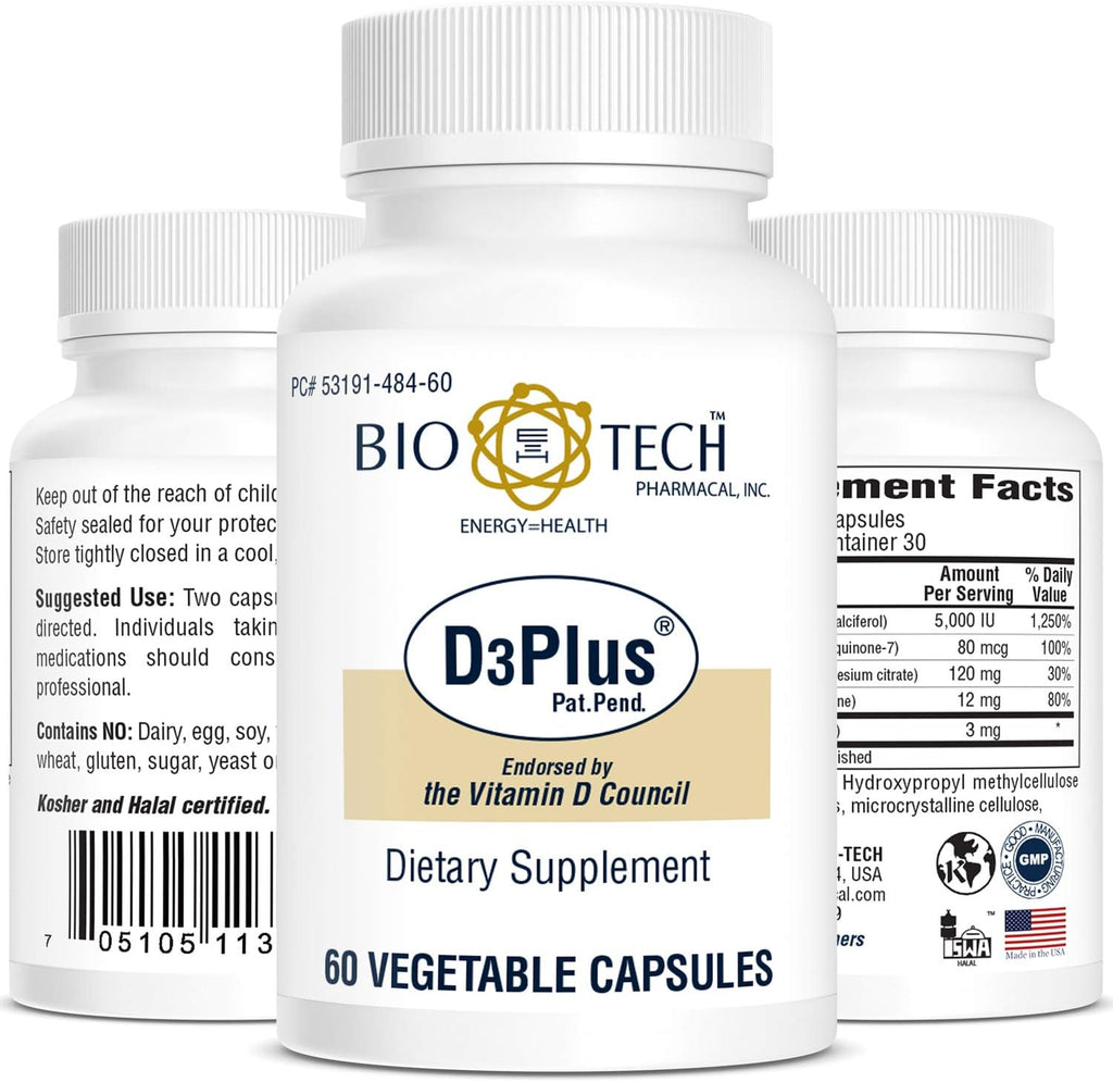 Bio-Tech Pharmacal D3Plus, 180 Vegetable Capsules - Supplement with Vitamin D3, K2, Magnesium, Zinc and Boron