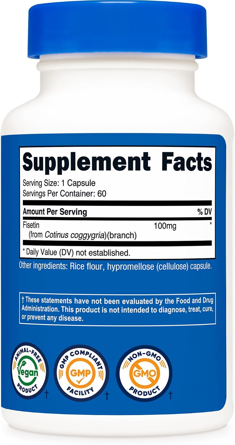 Nutricost Fisetina 100mg, 60 Cápsulas - Antioxidante Natural Polifenol - No Transgénico, Sin Gluten y Vegano