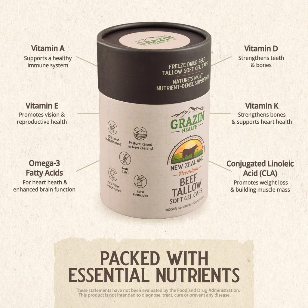 Cápsulas de Sebo de Res Pastoreado – 3000 mg por Dosis | Grass-Fed, Grass-Finished (Nueva Zelanda) | Sin OGM, Sin Rellenos | 30 Días