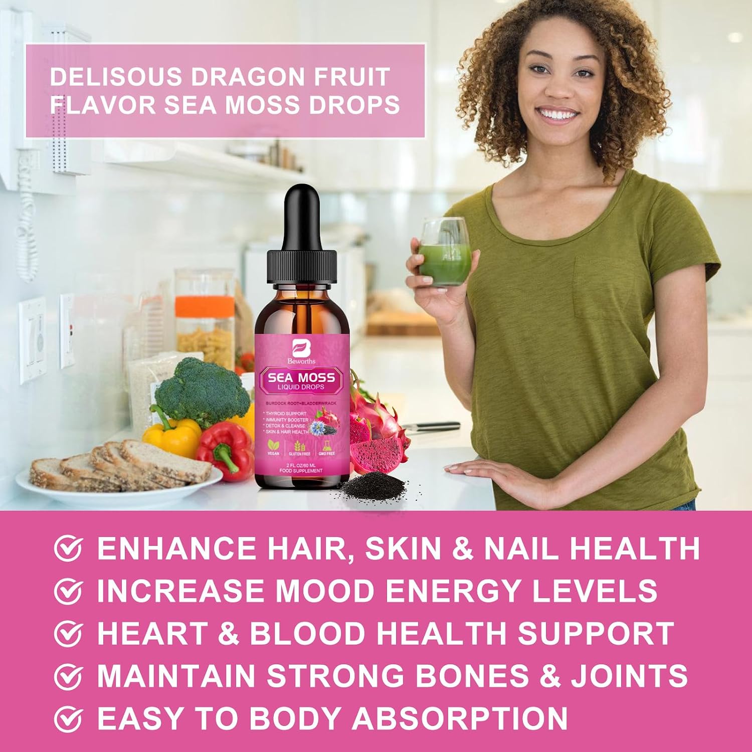 Sea Moss Liquid Drops - Musgo Marino Irlandés Orgánico con Aceite de Semilla Negra, Espirulina, Saúco y Vitaminas C y D3